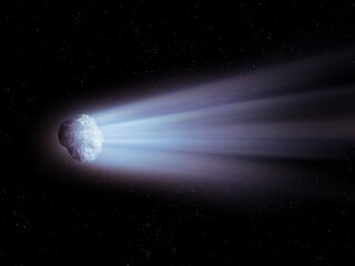 Obraz na płótnie Canvas Comet glows in space against the background of stars. Bright comet tail. Nucleus of the meteorite evaporates from the action of sunlight.