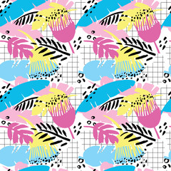 Seamless tropical pattern with hand drawn palm leaves and jungle plants