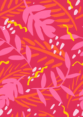Fototapeta na wymiar Seamless tropical pattern with hand drawn palm leaves and jungle plants