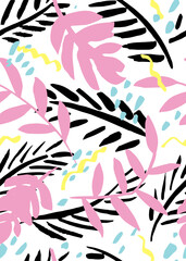 Seamless tropical pattern with hand drawn palm leaves and jungle plants