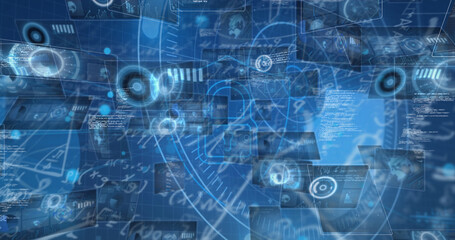 Image of scope scanning and data processing on blue background