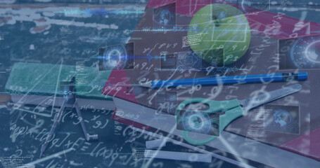 Image of mathematical equations and data processing over books