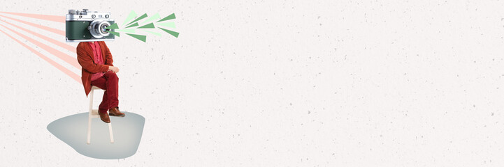 Contemporary art collage. Stylish man sitting on chair in red suit with retro camera head isolated over white background