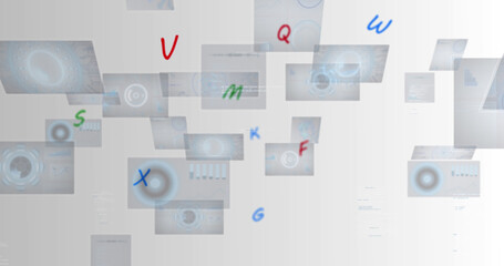 Image of letters and data processing on white background