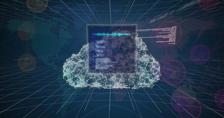 Image of digital cloud, data processing over world map