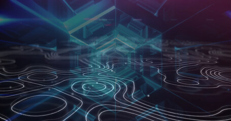 Image of moving shapes over digital tunnel