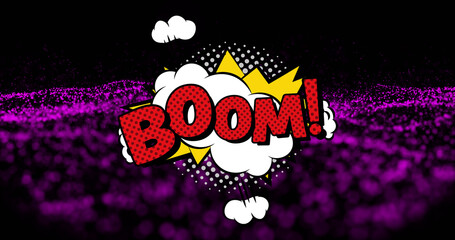 Image of boom text over purple dots on black background © vectorfusionart