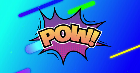 Image of pow text over colorful lines on blue background
