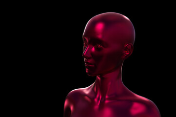 3D render portrait of a red bald woman on a white background.