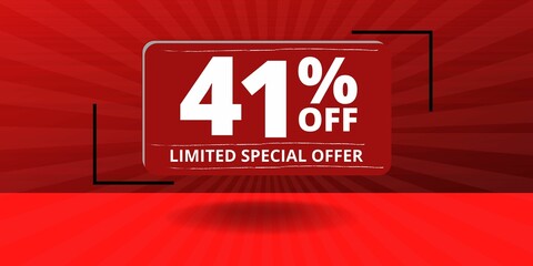 41% off limited special offer. Banner with forty one percent discount on a red background with white square and red