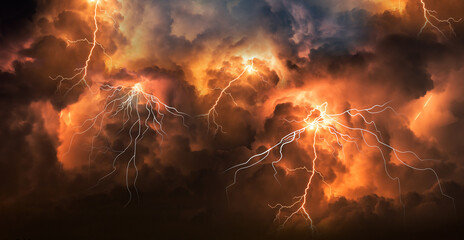 Panorama Colorful Dark cloud at  night with thunder bolt. Heavy storm bringing thunder, lightnings...