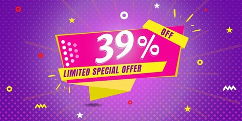 39% off limited special offer. Banner with thirty nine percent discount on a  purple background with yellow square and pink