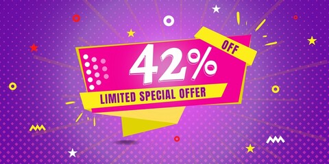 42% off limited special offer. Banner with forty two percent discount on a  purple background with yellow square and pink
