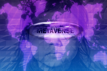 Fototapeta na wymiar Child and metaverse, digital future concept, serious and smart girl in glasses on the background of a neon purple world map