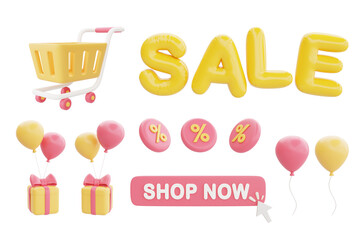 Great discount and sale promotion concept object collection with shopping cart, SALE word, balloons and gift boxes, 3d rendering.
