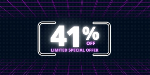 41% off limited special offer. Banner with forty one percent discount on a  black background with white square and purple