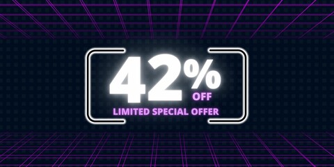 42% off limited special offer. Banner with forty two percent discount on a  black background with white square and purple