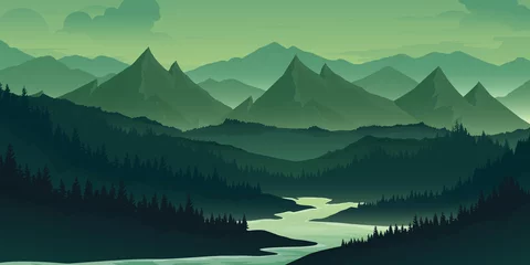 Poster Berglandschap en dennenbos. Mooie lucht boven de bergen in de ochtend of avond. © Supachai