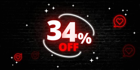 34% off limited special offer. Banner with thirty four percent discount on a black bricks background with white circle and neon red