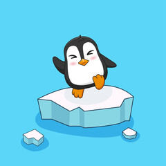 Cartoon cute penguin dancing on a floating ice floe. Animal vector illustration