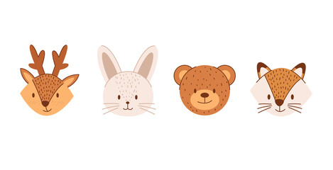 Vector set of isolated cute forest animal icons on the white background