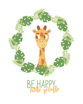 Hello. Vector illustration of cute giraffe and tropical leaves.