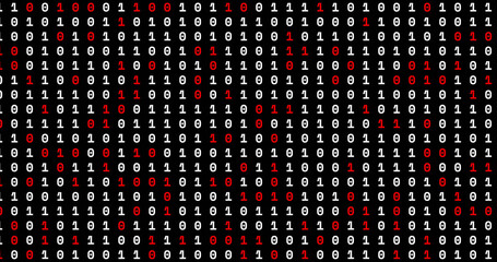 Image of red and white binary coding moving on black background