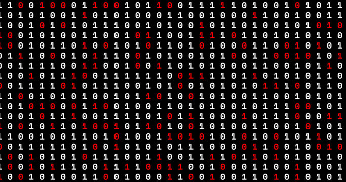 Image of red and white binary coding moving on black background