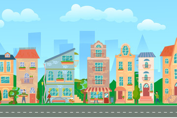 City street. Panoramic cityscape with bright houses, walking pedestrians. Shop and stores. Summer city. Vector illustration in cartoon style.