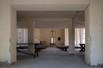 old abandoned building of Lutheran Church in Art Nouveau style huge windows, interior. Ozerskoye Russia