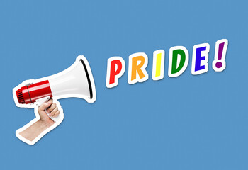 LGBT equality concept with hand holding megaphone and Pride word on blue background. Magazine collage cut out style