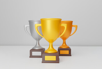 Winner cup, gold cup, silver cup and bronze cup isolated on gray background. 3d render