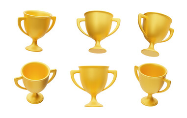 Set of golden winner cups in different angles isolated on a white background. 3d render