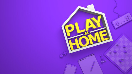 Play at home. Board games on a purple background. Copy space for text. 3d render