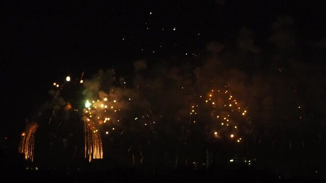 Colorful fireworks of various colors over night sky, fireworks in honor of the celebration of the holiday, new year.