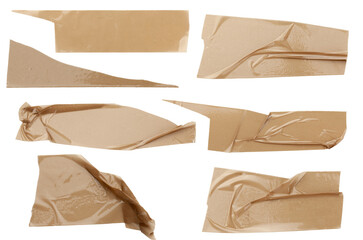 Torn horizontal and different size glossy beige sticky tape, sticky pieces on white background. Set of glossy beige tapes.