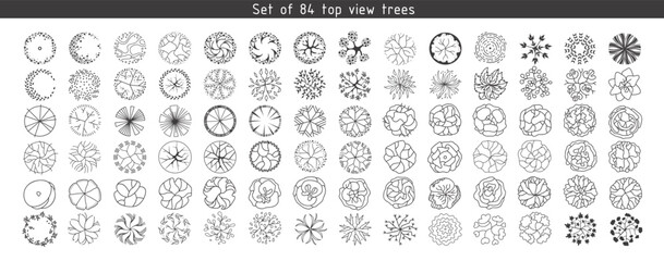 Trees for architectural floor plans. Entourage design. Various trees, bushes, and shrubs, top view for the landscape design plan. Vector illustration.