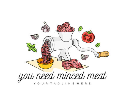 Meat grinder grind meat into mince meat, logo design. Food, meal, vegetables, herbs, butcher shop and catering, vector design and illustration