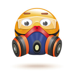 Emoticon in a respirator and protective glasses. Emoji in a gas mask. Vector illustration