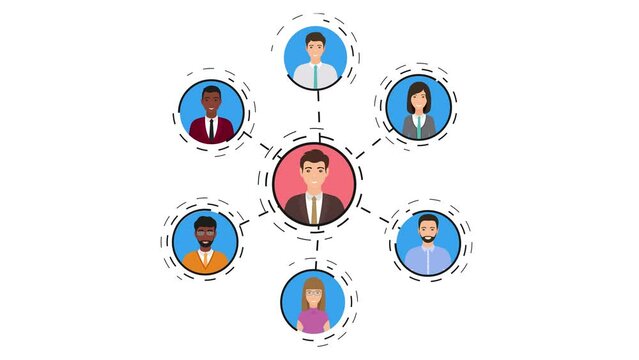 Biasness People Connecting in Social Network. Animation of Diverse Character (collogues) Connected By Young Businessman  