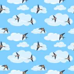 Seamless pattern with swallow birds in the sky. Vector color illustration