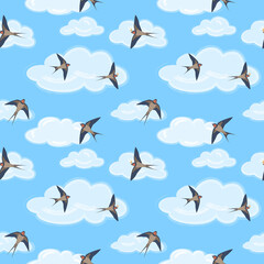 Obraz premium Seamless pattern with swallow birds in the sky. Vector color illustration