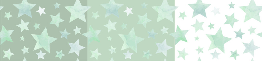 Seamless vector watercolor pattern with khaki-coloured stars. Khaki wrapping template. Pastel color kids set backdrop for postcard, poster. Light green. Painted hand drawn baby background.