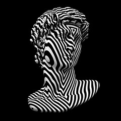 Abstract black and white striped triangles pattern illustration from 3D rendering of classical head sculpture isolated on black background.  
