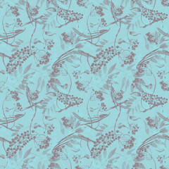 Watercolor viburnum, rowan and elder branches seamless pattern, hand painted on a  background. Branch, bunch of red berries of mountain ash. Watercolor. scarf, fabric, material.