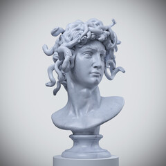 Digital illustration from 3D rendering of snake hair Medusa white marble classical head bust on a pedestal isolated on background. - obrazy, fototapety, plakaty