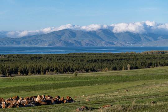 Beautiful summer landscape. Green fields forest, blue lake and mountains under the clouds.