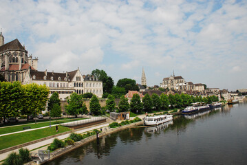 Fototapeta premium France- Auxerre- Panoramic View of the City and The Boat Filled River