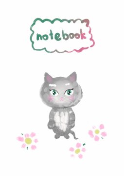 Cover for a notebook. Cute little gray kitten. Cute simple baby print. Hand drawn. Cartoon style. Vertical illustration isolated on white background.