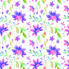Watercolor floral seamless pattern on white background. Bright folk violet, blue, green flowers, leaves repeat print. Botanical design for wallpaper, fabric, textile, wrapping paper and decoration.